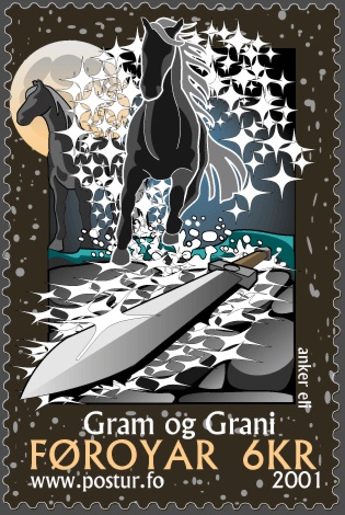 Faroe stamp 391 depicting the magical sword Gram and horse Grani